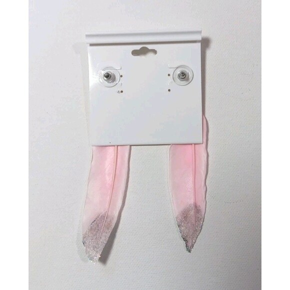 Earrings Pierced Pink Studs With Pinstones And Feathers Dipped In Glitter - Picture 2 of 2